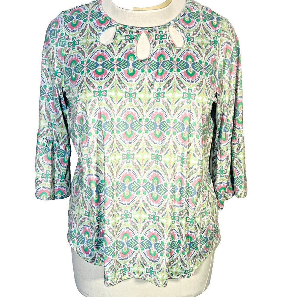 Ruby Rd. Blouse Women's 1X Pastel Green Pink Round Loophole Neck 3/4 Sleeve